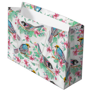 De mooie waterverfvogels springen bloemenverf op groot cadeauzakje