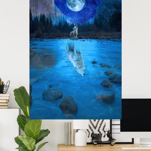 De Moon Wolf Howling bij de Moon Night Wolf Poster (Thuiskantoor)