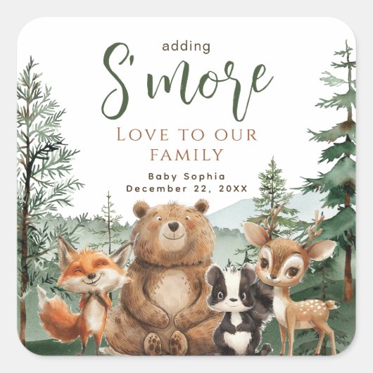 De mores van Woodland Animals baby shower Vierkante Sticker (Voorkant)