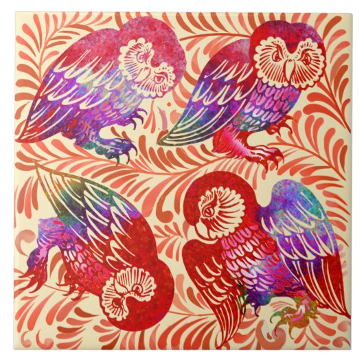 De Morgan Ruby Luster Owl Antiek Repro Tegeltje (Voorkant)
