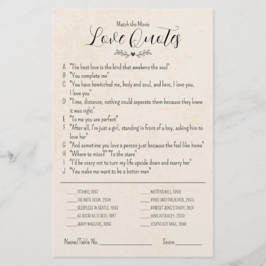 De Movie Love Quotes Wedding Table Game aanpassen (Voorkant)