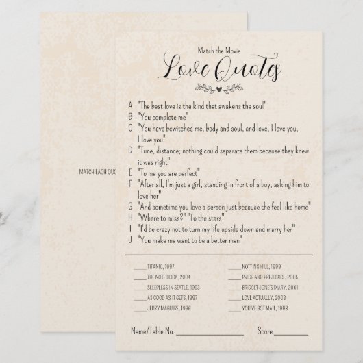 De Movie Love Quotes Wedding Table Game aanpassen (Voorkant / Achterkant)