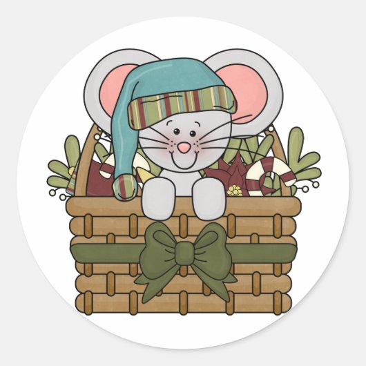 De Muis van Kerstmis in Mand Ronde Sticker (Voorkant)