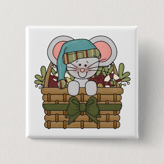 De Muis van Kerstmis in Mand Vierkante Button 5,1 Cm (Voorkant)