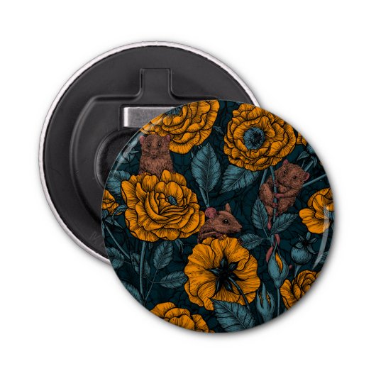 De muizenpartij in het oranje en blauw button flesopener (Voorkant)