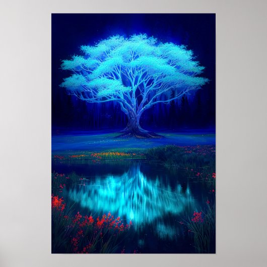 De mysterieuze blauwe boom bij het meer poster (Voorkant)