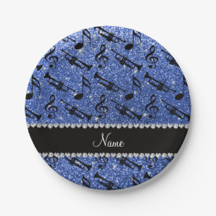 De naam blauwe glitter van de douane trompets muzi papieren bordje