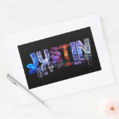 De naam Justin in 3D Lichten (Foto) Rechthoekige Sticker (Envelop)
