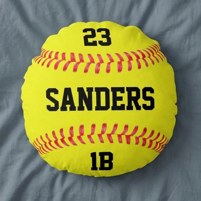 De Naam van de speler, Aantal & de Fastpitch Softb Rond Kussen (Round softball pillow with custom softball player name, player number and position.)