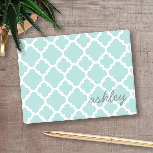De naam van het Quatrefoil Patroonscript Turquoise Post-it® Notes