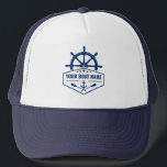 De naam van je boot Anchor Oars Helm Stars in Navy Trucker Pet<br><div class="desc">Nautical Anchor Oars,  Ships wiel Helm and Stars with Your Personalised Boat Name of other Text on a Stylish Trucker Hat.</div>