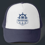 De naam van je boot Anchor Oars Helm Stars in Navy Trucker Pet<br><div class="desc">Nautical Anchor Oars,  Ships wiel Helm and Stars with Your Personalised Boat Name of other Text on a Stylish Trucker Hat.</div>