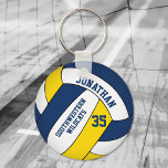 de naam volleybal van het team van blauwe gele jon sleutelhanger<br><div class="desc">Deze volleybalsleutelhanger voor jongens met teamnaam is voorzien van een blauw,  geel en wit volleybal waarop je de naam van de speler en het jersey nummer plus schoolteam en mascot naam kunt aanpassen - door katz_d_zynes</div>