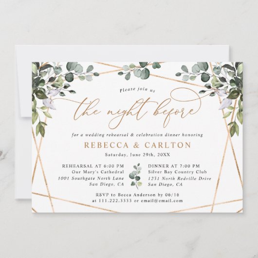 De nacht voor Greenery Gold Rehearsal Dinner Kaart (Voorkant)