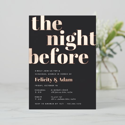 De nacht voor | Roos-goudrepetitie Folie Uitnodiging (Staand Voorkant)
