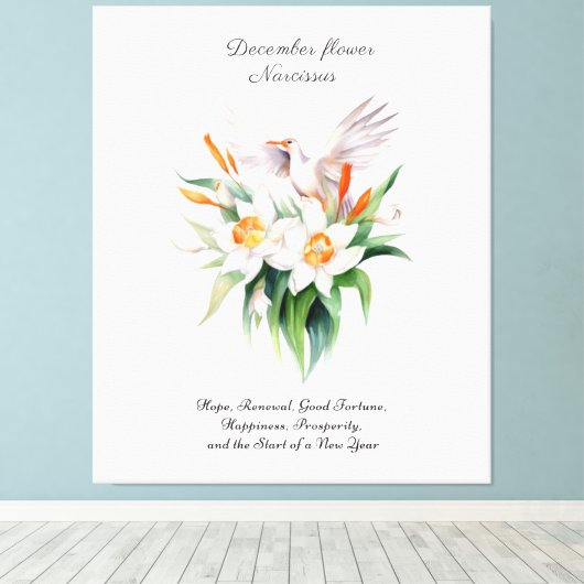 De Narcissus bloem met bloemenvogel in december Canvas Afdruk (Insitu (Houten vloer))