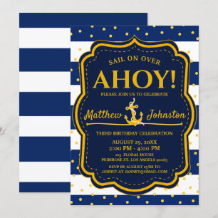 De Nautical Anchor Navy & Gold Stripe Baby Birthda Kaart