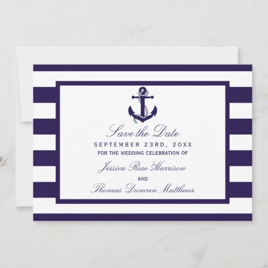 De Nautical Anchor Navy Streep Trouwcollectie Save The Date (Voorkant)