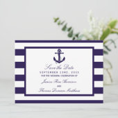 De Nautical Anchor Navy Streep Trouwcollectie Save The Date (Staand voorkant)