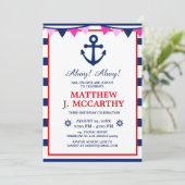 De Nautical Anchor Navy Stripe Baby Ship Birthday Kaart (Staand voorkant)