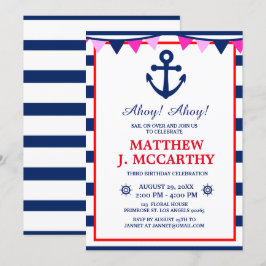 De Nautical Anchor Navy Stripe Baby Ship Birthday Kaart