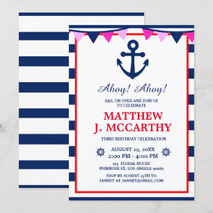 De Nautical Anchor Navy Stripe Baby Ship Birthday Kaart