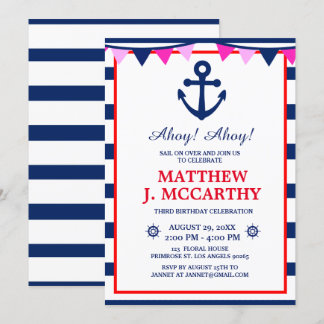 De Nautical Anchor Navy Stripe Baby Ship Birthday Kaart