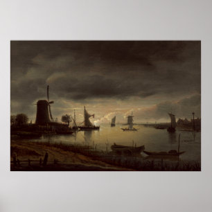 De Nederlandse Scène van de Rivier met Windmolen Poster