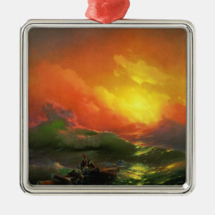 De negende golf (Stormachtige zee met rode zonsond Metalen Ornament