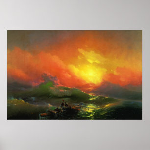 De negende golf (Stormy Zee met Red Sunset) Poster
