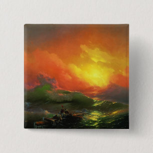 De negende golf (Stormy Zee met Red Sunset) Vierkante Button 5,1 Cm