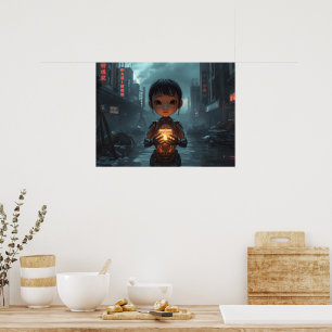 De Neon Vluchtelingmeisje: Futuristische Cyberpunk Poster