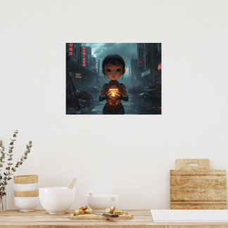 De Neon Vluchtelingmeisje: Futuristische Cyberpunk Poster