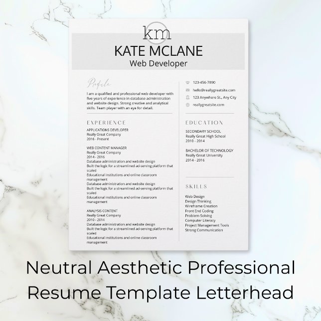 De neutrale Esthetische Professionele Hervat Sjabl Briefhoofd (Neutral Aesthetic Professional Resume Template Letterhead)