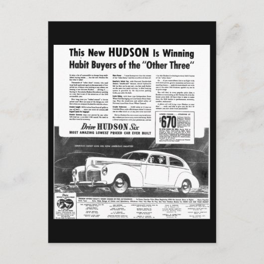 De nieuwe Hudson Automobile Post-kaarten uit 1940 Briefkaart (Voorkant)