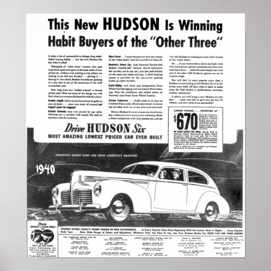 De nieuwe Hudson Automobile uit 1940 Poster (Voorkant)