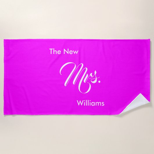 De Nieuwe Mevrouw Laatste Naam Magenta en Wit Schr Strandlaken (Voorkant)