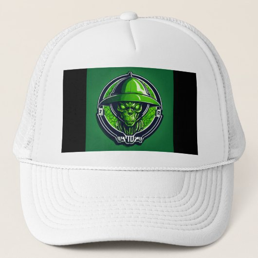 De nieuwsgierige groene alien trucker pet (Voorkant)
