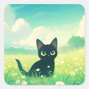 De nieuwsgierigheid van Black Cat in Meadow Vierkante Sticker
