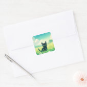 De nieuwsgierigheid van Black Cat in Meadow Vierkante Sticker (Envelop)
