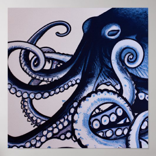 De Octopus Blue Modern Japanse stijlvolle Waterver Poster (Voorkant)