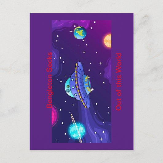 De officiële "Bengleton Sokken: Out of this World" Briefkaart (Voorkant)