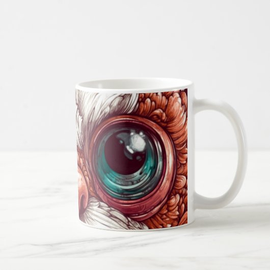 De ogen zijn groot en expressief, met realistische koffiemok (Rechts)