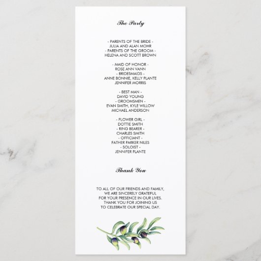 De Olijfgaard | Programma voor een rustieke bruilo Programmakaart (Achterkant)