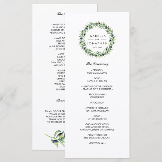 De Olijfgaard | Programma voor een rustieke bruilo Programmakaart (Voorkant / Achterkant)