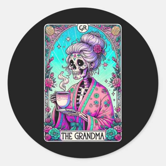De oma Tarot Kaart Skeleton Moederdag Witch Ronde Sticker (Voorkant)