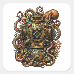 De omhelzing van de Kraken - Vintage duikhelm Vierkante Sticker