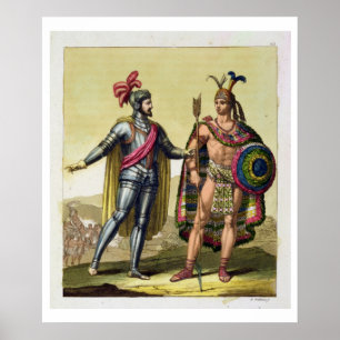 De ontmoeting tussen Hernando Cortes (1485-1547) Poster