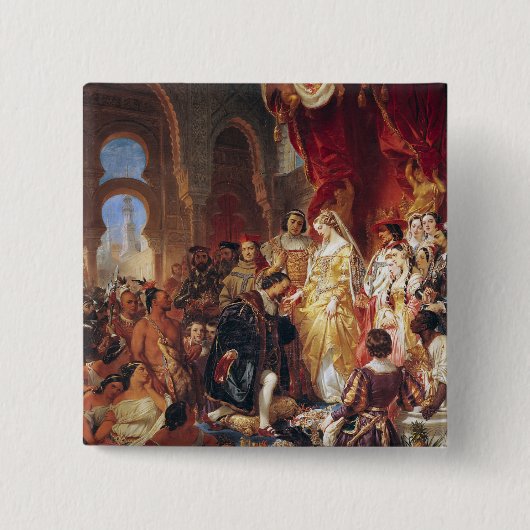 De ontvangst van Christoffel Columbus Vierkante Button 5,1 Cm (Voorkant)