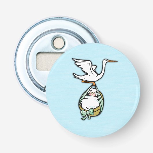 De Ooievaar Brengt een Jongen Button Flesopener (Voorkant)